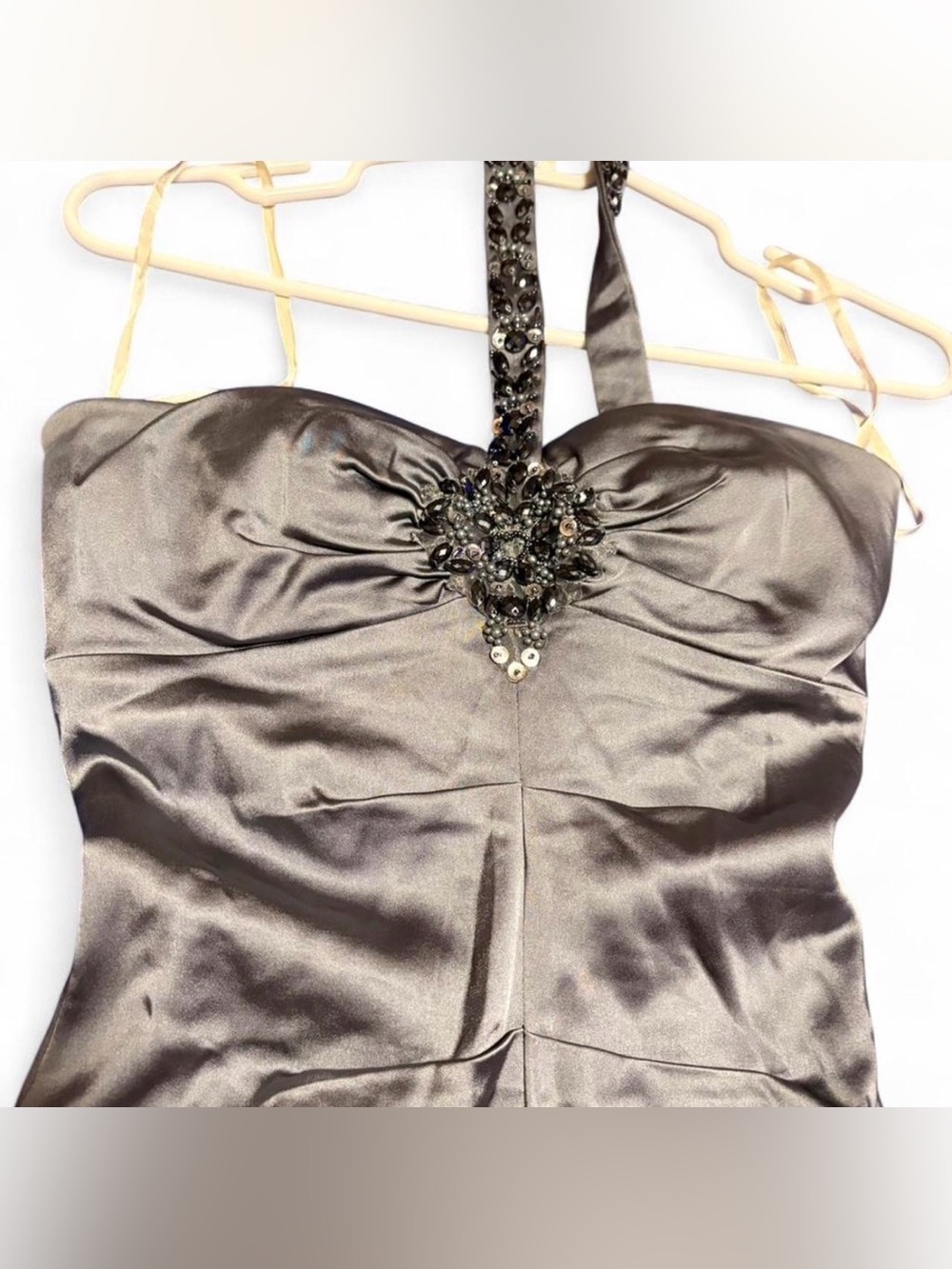 Xscape Silver Satin Cocktail Dress with Jeweled Halter